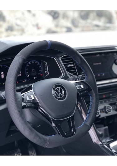 Volkswagen Jetta Araca Özel Mavi Yüzüklü Alcantara Noktalı Deri  Direksiyon Kaplama