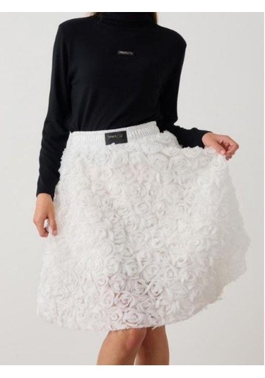 Kız Çocuk Beli Lastikli Gül Desenli Etek-14787 Ekru