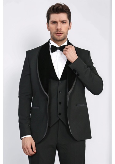 Klasik Kadife Yaka Siyah Smokin Takım - Wessi Siyah