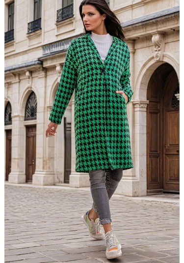 Yeşilkaz Ayağı Desenli, Cep Detaylı, Uzun Kaban Yeşil