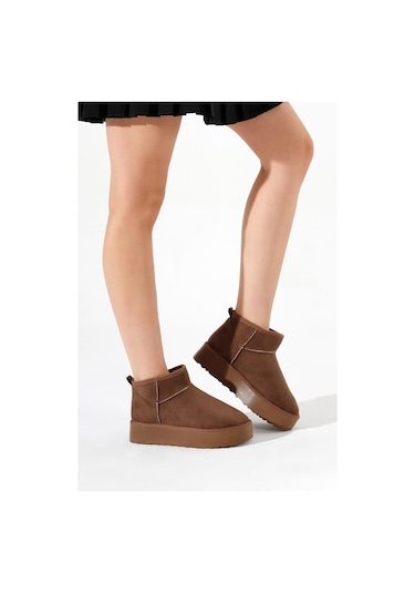 Kalın Poli Taban İçi Kürklü Süet Görünümlü Kadın Taba Bot Tbmhh005 Taba