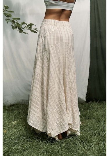 Peigi Çizgili Parçalı Bej Midi Etek Bej