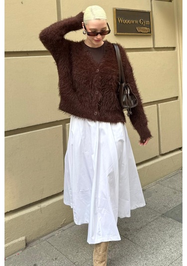 Beyaz Pileli Cepli Kadın Midi Boy Etek Mg2536 Beyaz