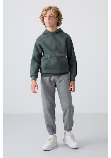Tommy Life Gri Melanj Pamuklu Kalın İçi Tüylü Yumuşak Dokulu Standart Fit Baskılı Erkek Çocuk Eşofman Alt - 11 Gri Melanj