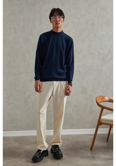 Erkek Yarım Balıkçı Oversize Basıc Triko Kazak Lacivert