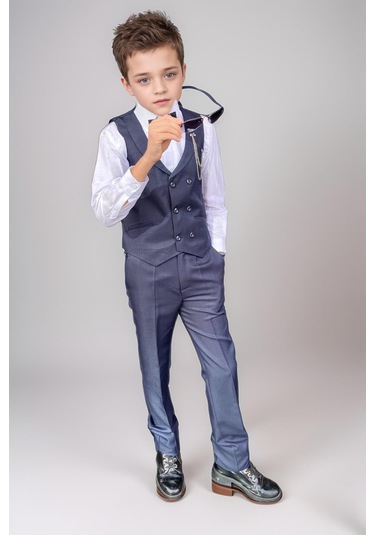 Riccotarz Erkek Çocuk Cepken Yelekli Şal Yaka Lacivert Takım Elbise 10-16 Yaş Lacivert