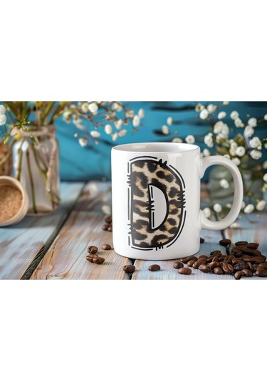 D Baş Harf Leopar Desenli Kupa Bardak - Kişiye Özel Feminen Konsept Hediye - Vahşi Hayvan Desenli Beyaz