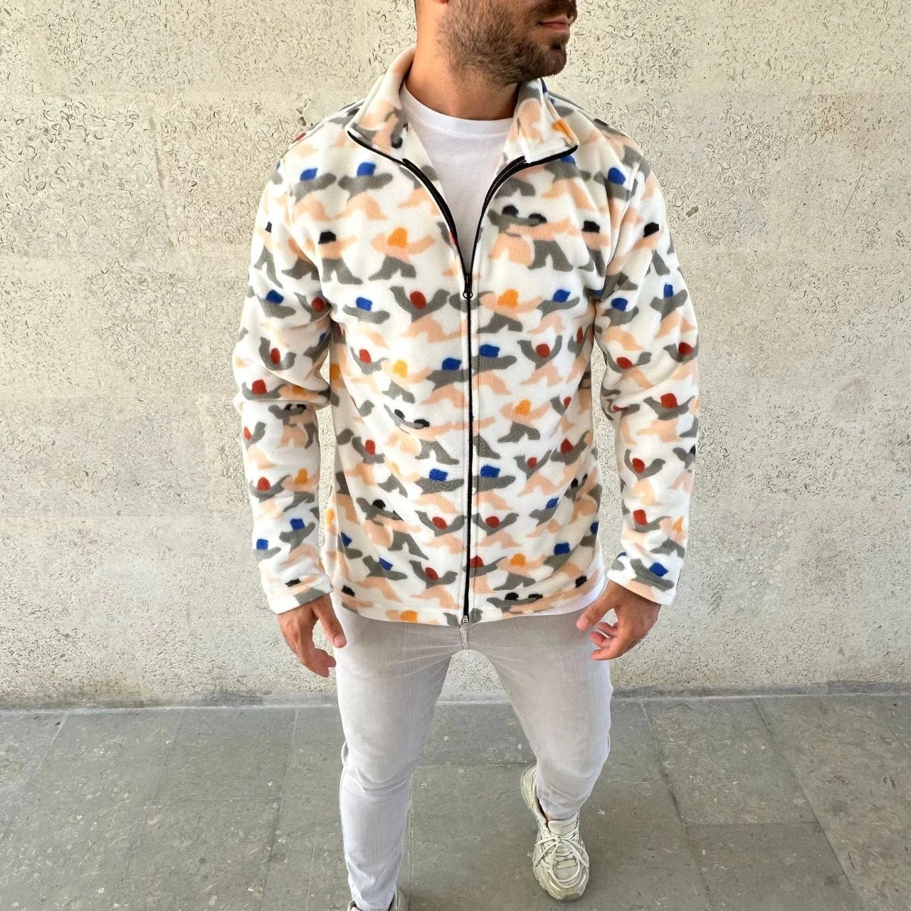 Erkek Tam Fermuarlı Desenli Polar Sweat Siyah Multicolor Figür Desen Yakalı, Uzun Kollu, Oversize Beyaz