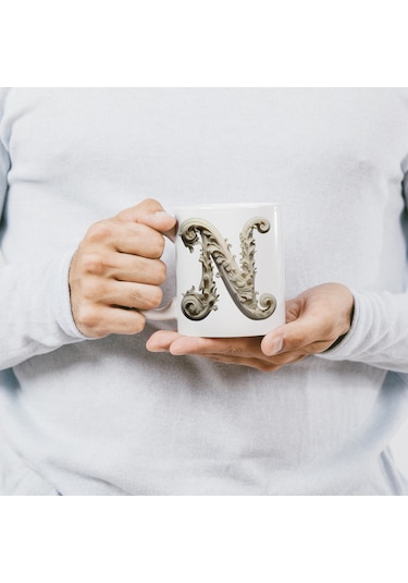 N Harfi Bardak, Monogram 330 Ml Barok Oymalı Görünüm Beyaz