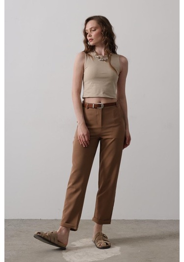 Modasize Kemerli Havuç Pantolon - Taba Taba