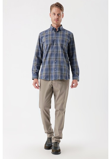 Koyu Lacivert Uzun Kollu Ekoseli Düğmeli Yaka Cepli Garnili Pamuklu Klasik Comfort Fit Gömlek 1004235143-koyu Lacivert Koyu Lacivert