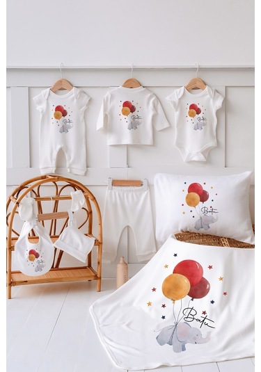 Lilabio %100 Organik Isme Özel Isimli Yazlık 10lu Hastane Çıkışı Fil Ve Kırmızı Balonlar Ekru