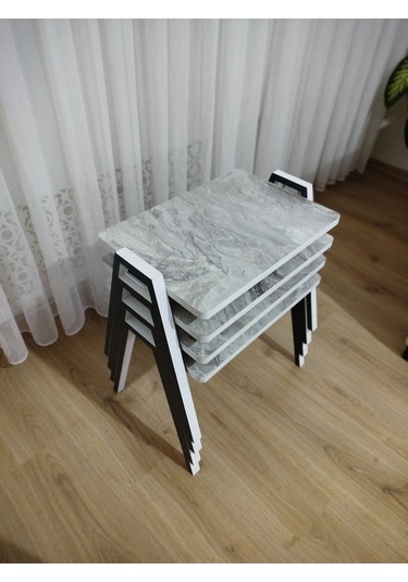 Zigon Sehpa 4'lü Mermer Desenli Tepsi Model Gri Mermer Desen Antrasit Ayak Gri Mermer