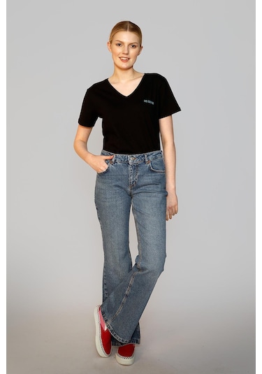 Lee Cooper Luna Yüksek Bel İspanyol Paça Kesim Geniş Paça Mavi Kadın Jean Pantolon-19138 Denim