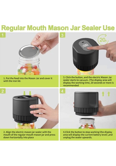 Yaozixa Kablosuz Vakumlama Makinesi - Geniş Ve Standat Ağızlı Kavanozlar İçin Otomatik Saklama Ve Fermantasyon Cihazı Siyah