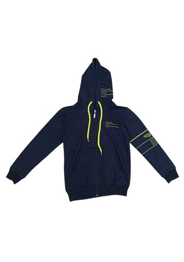 Erkek Çocuk Style Yazılı Kolu Desenli Kapüşonlu Lacivert Hırka