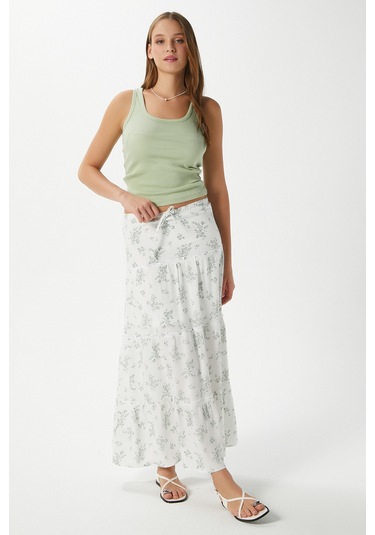 Kadın Rebekka Çiçekli Haki Astarlı Uzun Etek 17639 Beyazhaki Çok Renkli