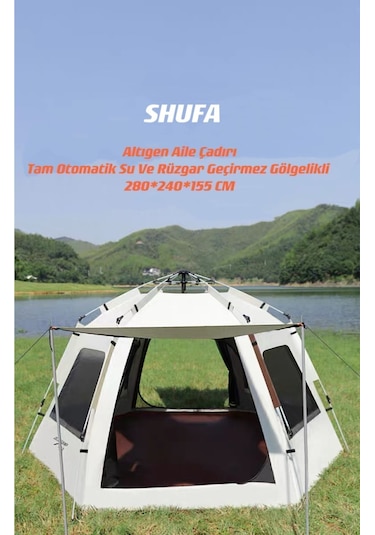 Tam Otomatik Su Ve Rüzgar Geçirmez Gölgelikli Altıgen Aile Çadırı 280x240x155 Cm Bej Bej