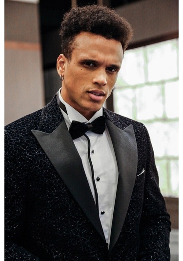 Wessi Işıltılı Çiçek Desenli Lacivert Erkek Smokin Ceket Lacivert