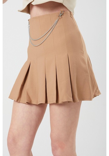 4155 Kadın Zincir Detay Pileli Mini Etek Vizon Vizon