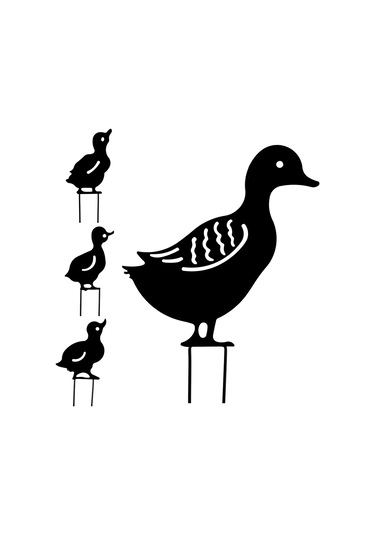 4'lü Sette Ördek Ailesi Bahçe Dekorasyonu Dış Mekan Bahçe Dekoru Metal Figürler Siluet Süsler