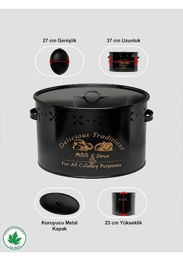 Lin Metal Büyük Boy Bölmeli Lüx Metal Patates Soğan Kovası - Siyah