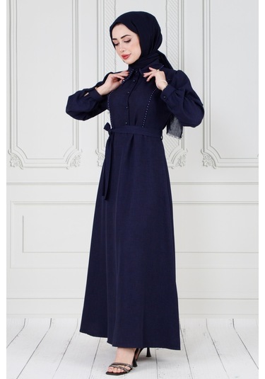 İnci Detaylı Kuşaklı Tesettür Elbise-lacivert-3585-lacivert Lacivert