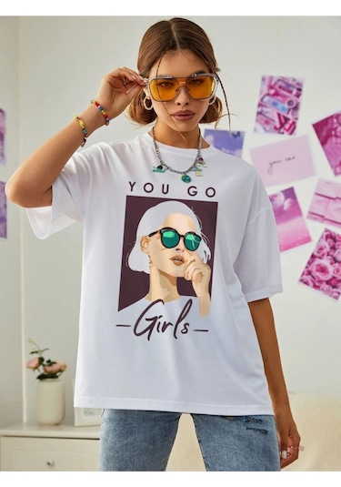 Kadın Beyaz Oversize You Go Baskılı T-shirt Beyaz-67199