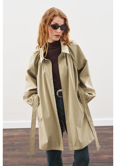 Oversıze Bağlamalı Midi Trençkot Haki Haki