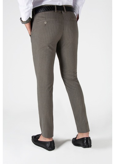 Açık Kahve Çizgili Slim Fit Pamuklu İtalyan Kesim Pantolon Açık Kahve