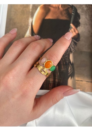 Vintage Renkli Oval Taşlı Çelik Kararmaz Ayarlanabilir Gold Yüzük