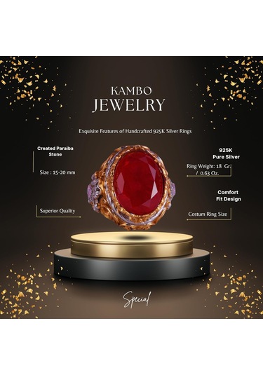 Erkekler İçin Yapay Taş Yüzük - Sultan Yüzük - El Yapımı 925 Ayar Gümüş Yüzük - Kırmızı Paraiba Yüzük Gümüş