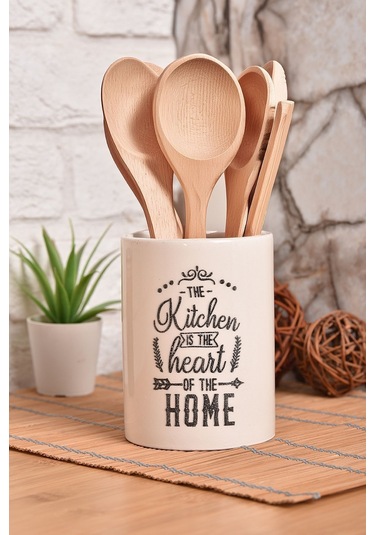 Seramik Mutfak Tezgah Üstü Dik Kaşıklık, Dekoratif Organizer Beyaz