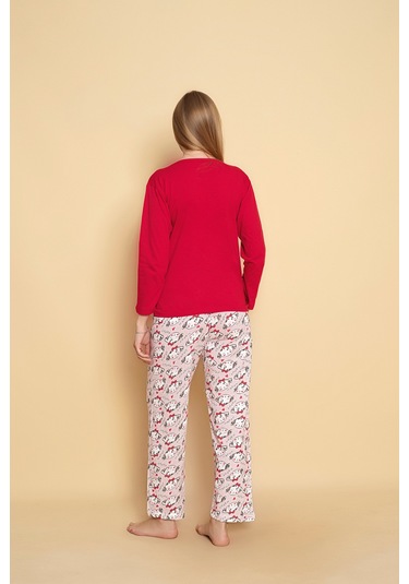 Kadın Penye Sıfır Yaka Uzun Kol Pijama Takımı Kırmızı Happy