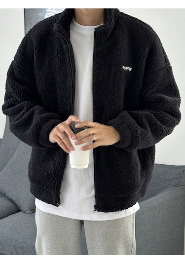 Oversize Tam Fermuarlı Kuzu Sweatshirt İçi Polarlı Sherpa Kumaş Sweatshirt Siyah