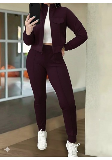 S-pazarım Kadın Uzun Kollu Önden Fermuarlı Kısa Modal Mor Ceket Ve Pantolon Ikili Takım Bordo
