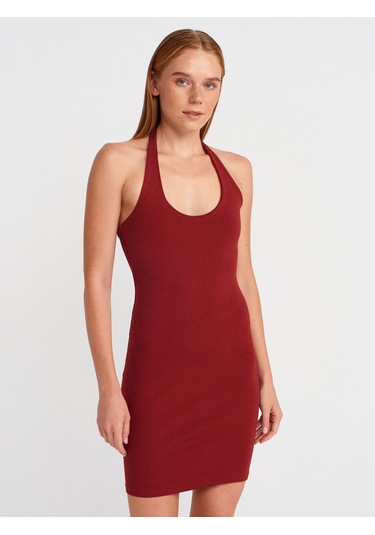Dilvin 91508 Halter Yaka Mini Elbise-açık Bordo Açık Bordo