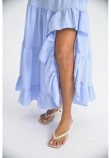 Audrey Fıfrlı Yırtmaç Detay Etek 4037 Mavi