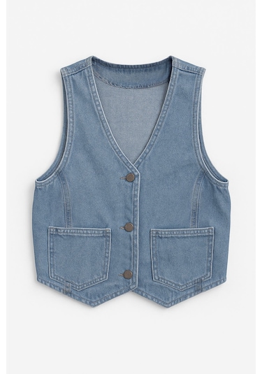 Kadın Cepli %100 Pamuk Açık Mavi Jean Yelek Antrasit