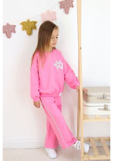 Kız Çocuk Hello Fun Baskılı İspanyol Paça İki İplik Eşofman Takımı Koyu Pembe