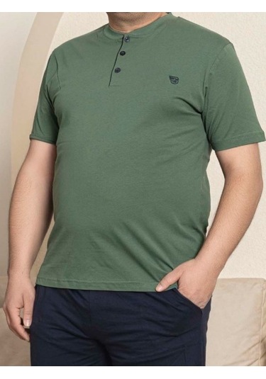 Erkek Geniş Kalıp %100 Pamuk Kısa Kol Cepli Büyük Beden Pijama Takımı Yeşil