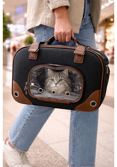 Şeffaf Pencereli Nefes Alabilir Kedi Taşıma Çantası Siyah