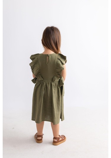 Oliventhekid Yanları Bağcıklı Kolsuz Fırfırlı Keten Sırtı Düğmeli Kız Çocuk Elbise Haki Haki