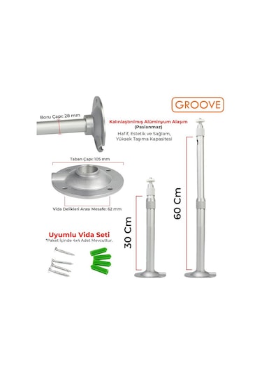 Vankyo Groove 30-60cm Alüminyum Projeksiyon Cihazı Tavan Askı Aparatı Duvar Bağlantı Aparatı Universal Projector Beyaz 360 Dönebilen Tripod Yuvalı