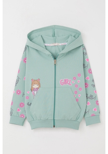 Breeze Kız Çocuk Hırka Sevimli Kız Baskılı Kolları Çiçek & Kalp Desenli 1-4 Yaş, Su Yeşili Su Yeşili