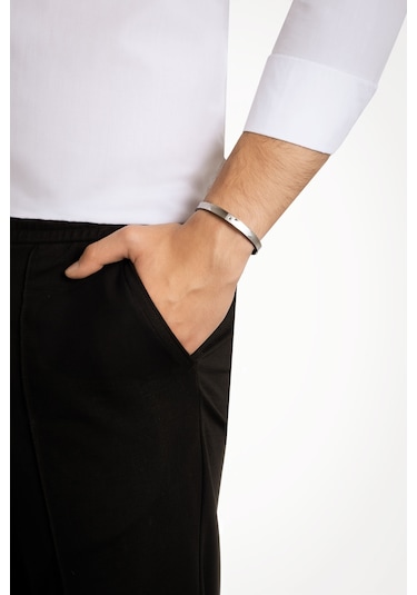 So Chic Siyah Taş Detaylı Çelik Erkek Kelepçe Bileklik Çelik
