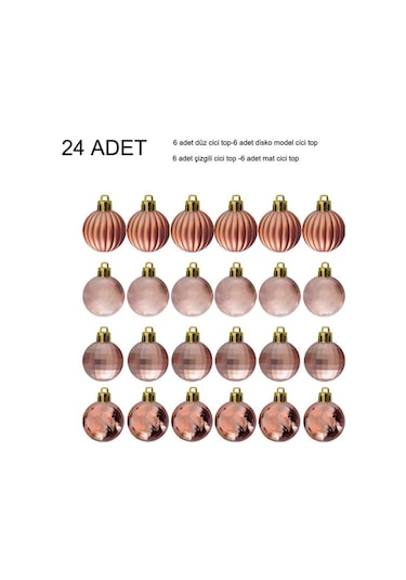 Rosegold Renk 3 Cm Yılbaşı Çam Ağacı Süsü 4 Model Cici Top 24 Adet