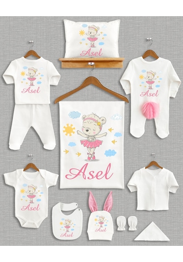 Ponponlu Tavşan İsme Özel 11 Parça Kız Bebek Hastane Çıkışı Seti Ekru