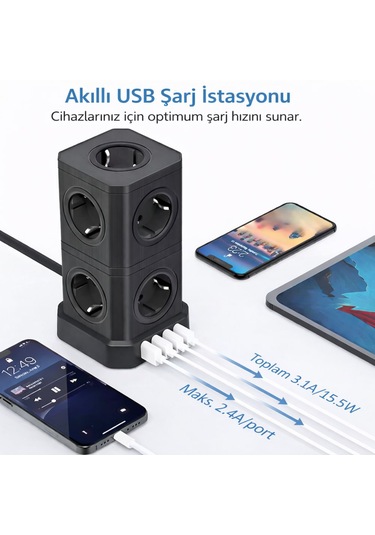 Kule Tipi Çoklu Priz 3680w 9 Lu Topraklı Priz + 2 Usb + 2 Type-c Masaüstü Dikey Akım Korumalı Priz 2 m