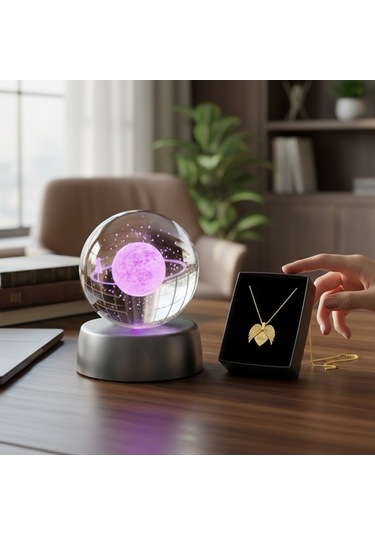 Kişiye Özel Romantik Işıklı Kristal Küre Gezegen Lamba & Melek Kanadı Kolye Kombin Seti